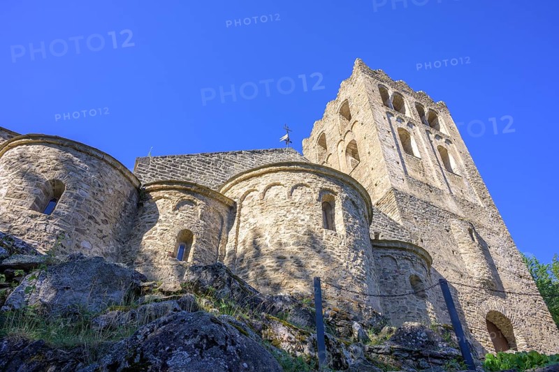 Saint Martin du Canigou Abbey with church tower, Casteil, Département Pyrénées-Oriental, France, Europe