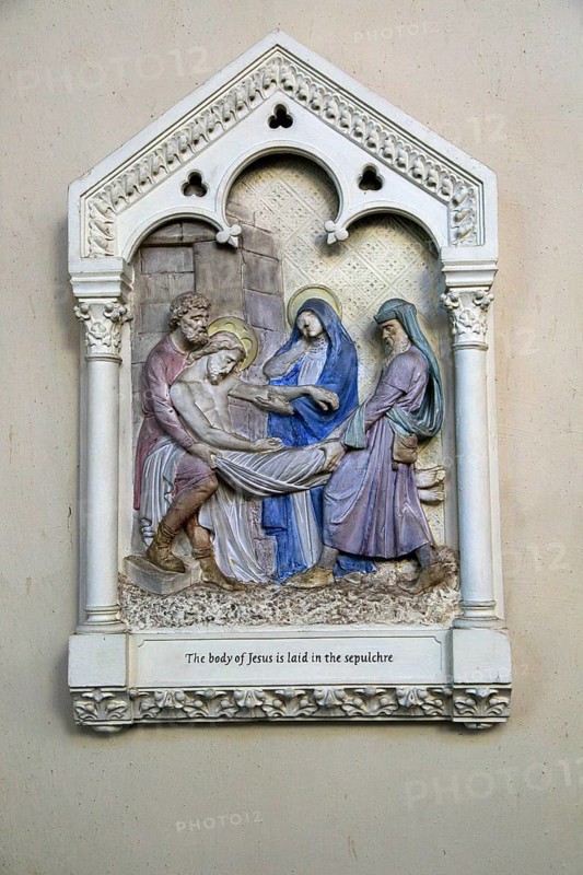 The body of Jesus is laid in the Sepulchre, stations of the cross, Ufford church, Suffolk, England, UK