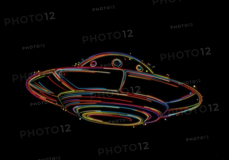 Flying saucer sketch, UFO, stylized vector hand drawing in colors over black