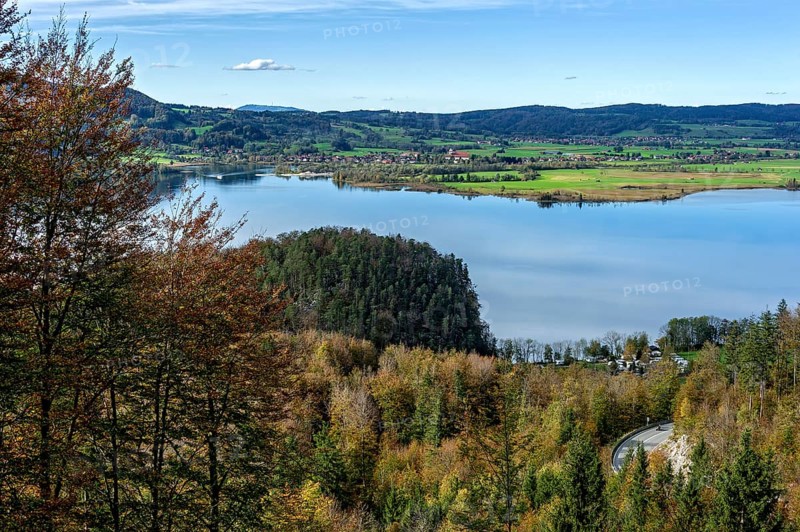 View of the Lake Kochel, Loisach-Lake Kochel-Moor, Schlehdorf, behind Hoher Peißenberg and Rehberg, below Great Castle in Altjoch and Kesselbergstraße, road on Kesselberg, Bavarian Prealps, Alps, Upper Bavaria, Bavaria, Germany, Europe