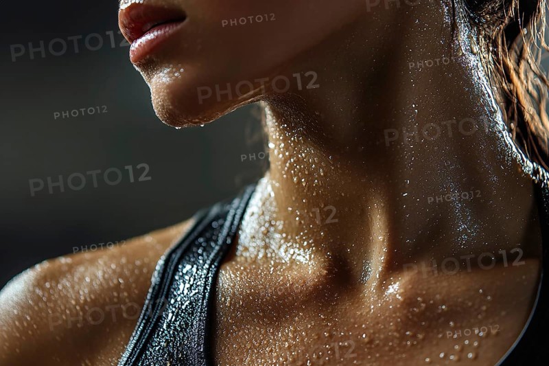 Close up of thorat of sweating woman after workout. Generative Ai, AI generated