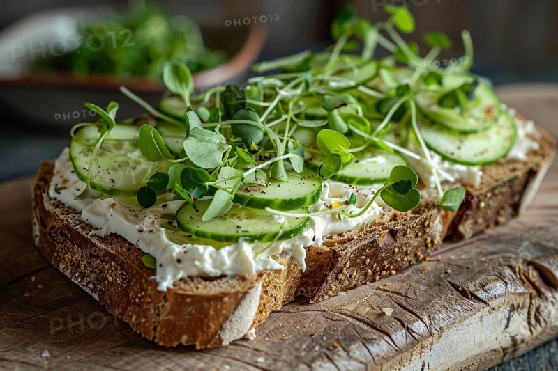 Healthy slice of bread with cucumber, cress and cream cheese. Generative Ai, AI generated