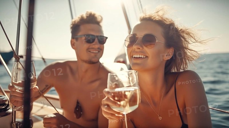 Young adult caucasian couple enjoying drinks on the deck of their yacht in the ocean, generatvie AI, AI generated