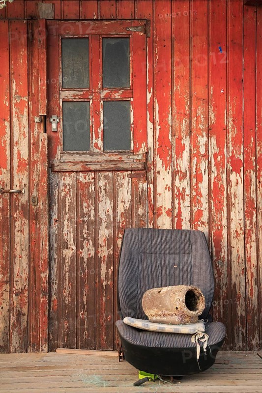 Car seat as seating, old fishermen's huts in Armacao de Pera, Algarve, Portugal, Europe