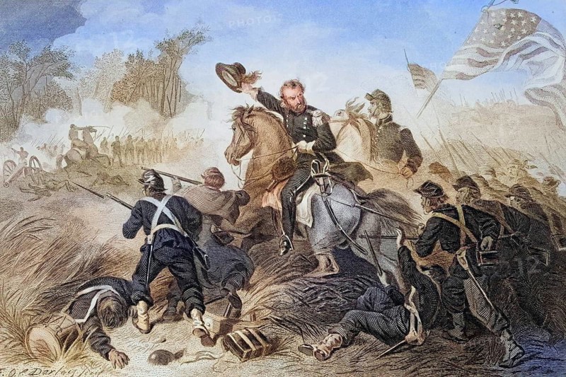 Attack by General Lyons at the Battle of Wilson's Creek, Missouri in 1861, where he was killed. Lyons was the first Union general to be killed in the Civil War, The Battle of Wilson's Creek, also known as the Battle of Oak Hills, took place on 10 August 1861 during the American Civil War, Historic, digitally restored reproduction from a 19th century original, Record date not stated