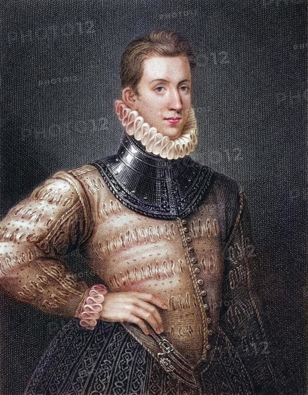 Sir Philip Sidney 1554-1586, English poet, courtier and soldier. From the book Lodges British Portraits, published in 1823, Historical, digitally restored reproduction from a 19th century original, Record date not stated