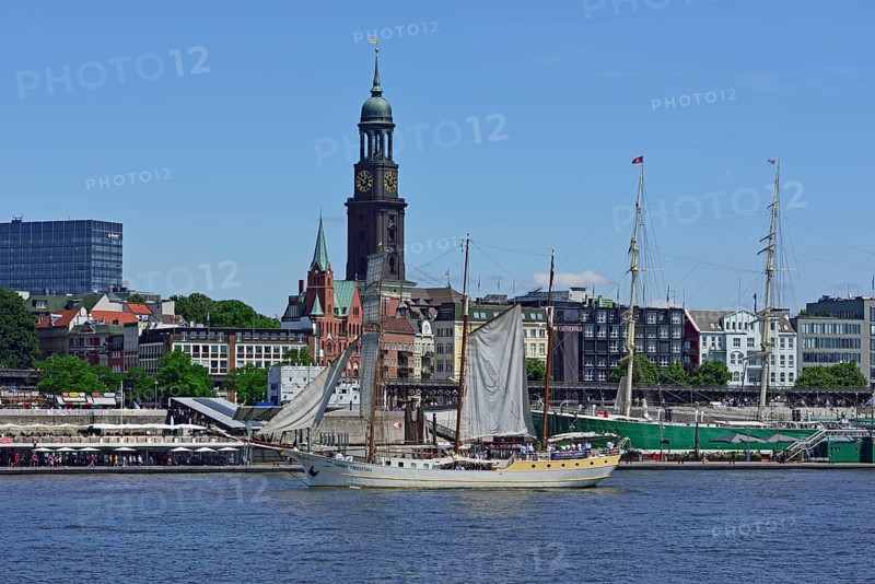 Europe, Germany, Hanseatic City of Hamburg, Baumwall, Elbe, View of the Michel, Windjammer Mare Frisium, Europe