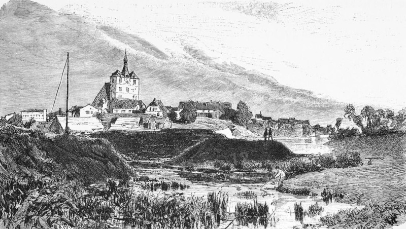 View of Kolberg or Kolobrzeg, Poland, town, river landscape, bank, reeds, hill, basilica, historical illustration 1880, Europe