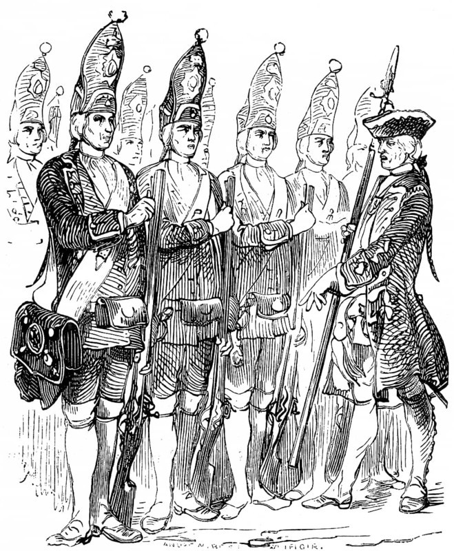 The Potsdam Giant Guard or Long Guys, Regiment of Frederick William I, soldiers in uniform with rifles, officer, Prussian history, historical illustration 1882