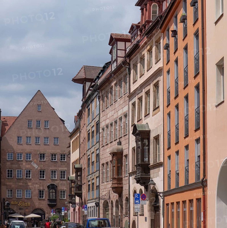 Old town street with historic old town houses with choir, Füll, Nuremberg, Middle Franconia Bavaria, Germany, Europe