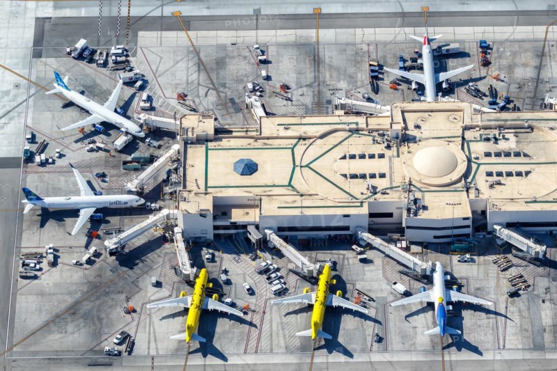 JetBlue and Spirit Airlines aircraft at Los Angeles Airport, USA, North America