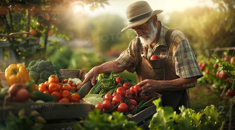 Farmer picking tomatoes from a crate. The scene is set in a garden with a variety of vegetables, AI generated