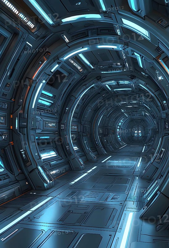 Three dimensional render of futuristic corridor inside a spaceship or space station, AI generated