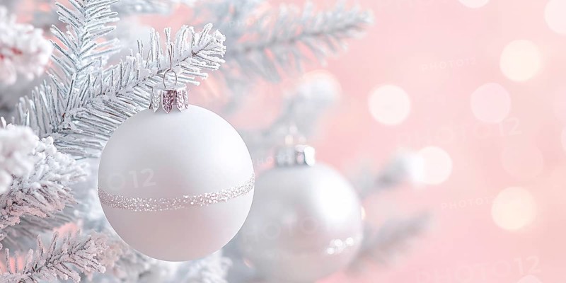 Christmas banner with white bauble ornaments on pink background with copy space. Generative AI, AI generated