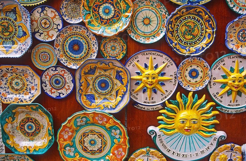Colourful painted plate souvenirs, Erice. Sicily, Italy, Europe