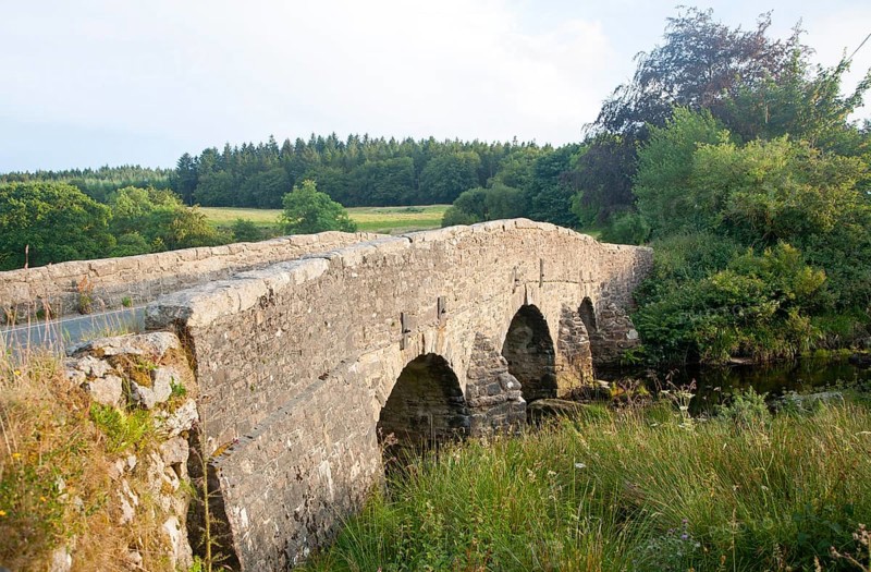 Historic Packhorse bridge at Postbridge, Dartmoor national park, Devon, England crossing the East Dart river