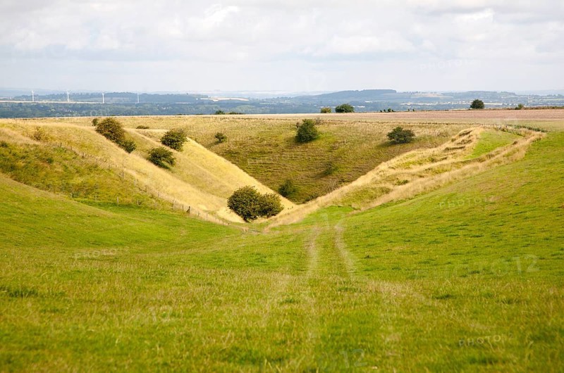 V shaped chalk dry valley eroded into downland escarpment at Bishopstone, Wiltshire, England, UK
