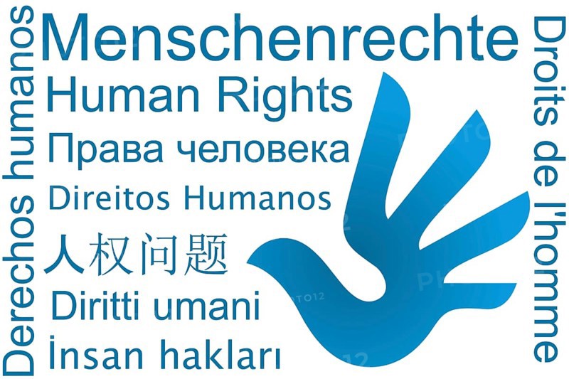 Graphic on the topic of human rights: Public domain human rights logo and the word human rights in various languages