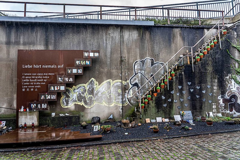 Memorial to the victims of the Love Parade disaster on 24 June 2010, in which 21 people died and over 500 were seriously injured, at the site of the disaster, at the Karl-Lehr-Straße tunnel, Duisburg