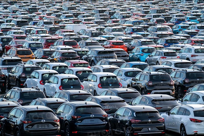 Car terminal in the Logport I inland port, in Duisburg on the Rhine, vehicle handling of new cars, storage area, North Rhine-Westphalia, Germany, Europe