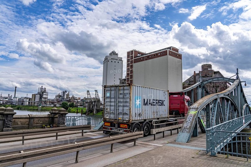 Rhine harbour Krefeld, inland port, 4th largest public port in North Rhine-Westphalia, trimodal handling of goods, goods, containers, general cargo, swing bridge over the harbour basin, North Rhine-Westphalia, Germany, Europe