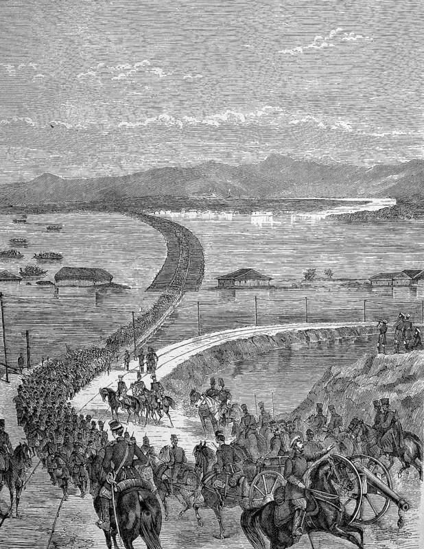 Raft bridge over the Danube, built by the Russians, Historical, digitally restored reproduction from a 19th century original, Record date not stated