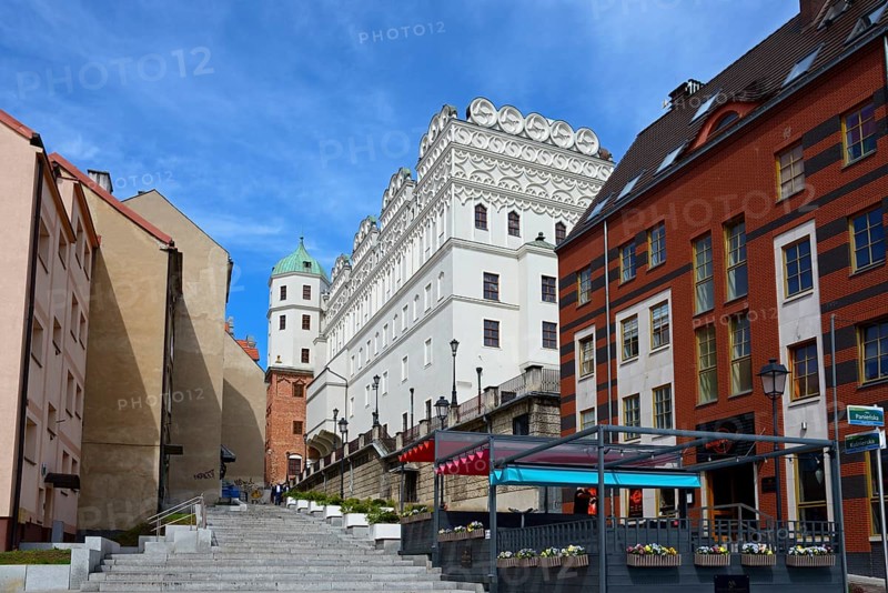 Urban scene with a staircase, colourful buildings and a guest area on a sunny day, view of the Castle of the Dukes of Pomerania, Zamek Ksiazat Pomorskich, Old Town, Szczecin, Szczecin, West Pomerania, Poland, Europe