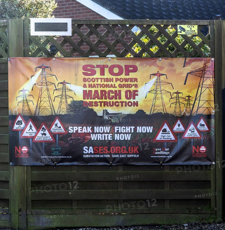 Protest campaign banner against Scottish Power and National Grid proposed electricity substation at Friston, Suffolk, England, UK