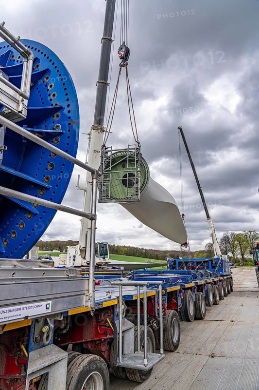 Preparation for the transport of a 68 metre long blade, a wind turbine, with a self-propelled Blade-Lifter vehicle, over a 40 km long route in the Bergisches Land, through towns, villages, over country roads, narrow through roads, to the construction site of the wind turbine near Hagen, North Rhine-Westphalia, Germany, Europe