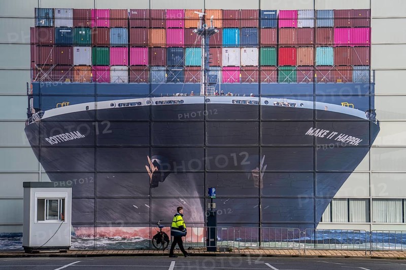 Mural at the pier of the Cruise Terminal Rotterdam, container freighter, car park, Netherlands