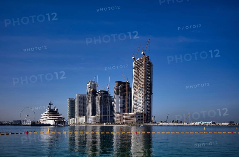 Luxury yacht OPERA owned by Sheikh Mansour bin Zayed Al Nahyan of the ruling family of the Emirate of Dubai, anchored off EMAAR Beachfront, Ain Dubai Ferris Wheel, Nakheel West Beach, The Palm Jumeirah, Dubai, United Arab Emirates, VAR, Asia