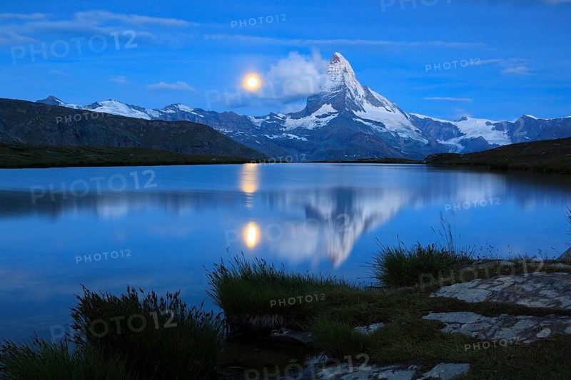 Matterhorn and mountain lake, Stellisee, Valais, Switzerland, full moon, Europe