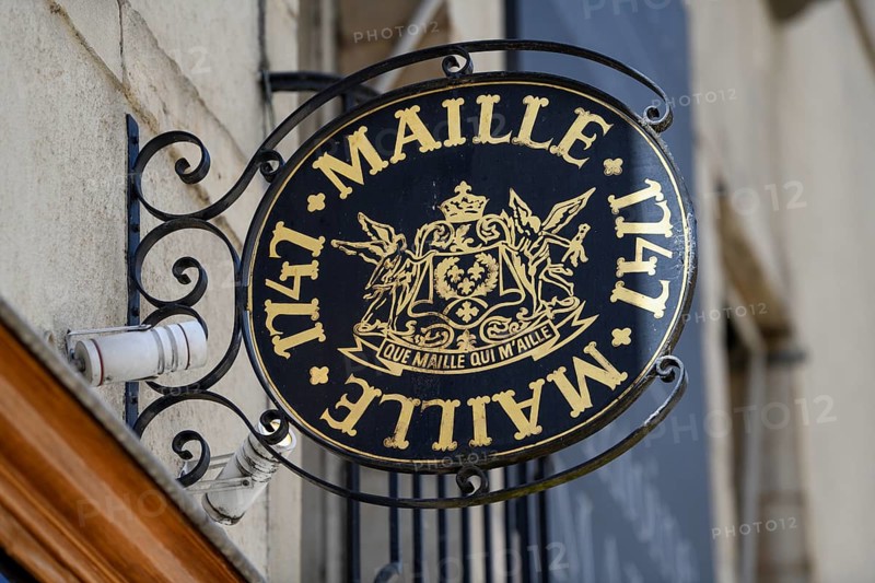 Sign on a shop of the mustard producer Maille in the old town, Dijon, Côte d'Or department, Bourgogne-Franche-Comté region, Burgundy, France, Europe
