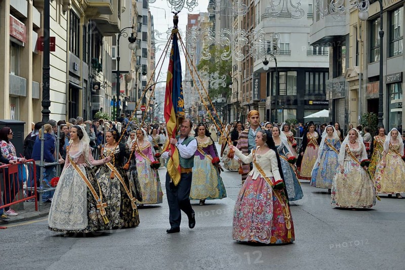 Fallas festival, parade, flower offering, at Plaza de la Virgen de los Desamparados, Valencia, Spain, Europe