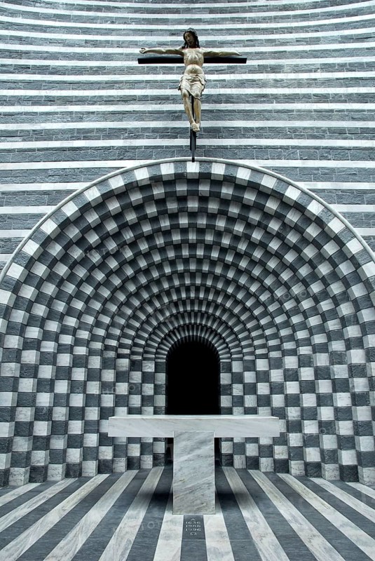 Church of San Giovanni Battista, Architect Mario Botta, Ticino, St. John the Baptist, St. John the Baptist, Jesus Cross, Cross, Crucifix, Mountain Village of Mogno, Municipality of Lavizzara, Vallemaggia District, Ticino, Switzerland, Europe