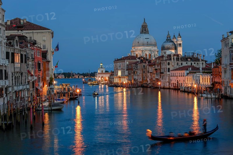 View from the bridge Ponte de L'Accademia to the Canal Grande and the Basilica Santa Maria della Salute, blue hour, Venice, Veneto region, Italy, Europe