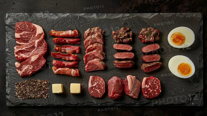 All meat, fish and eggs platter overhead. generative AI, AI generated