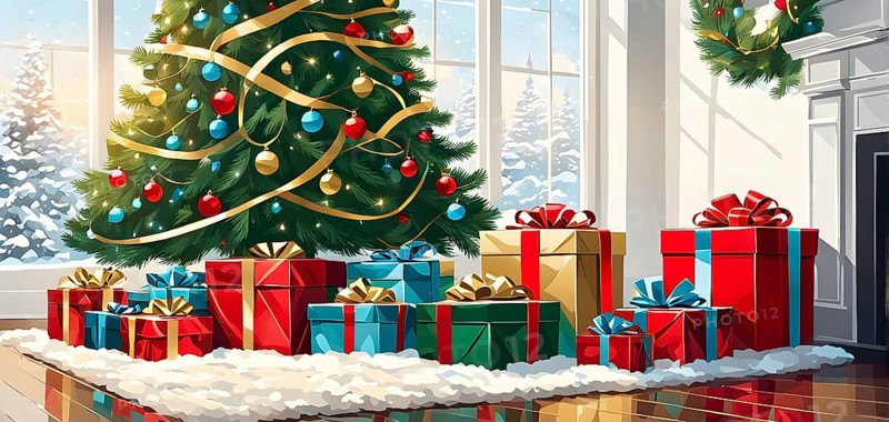 Abstract illustration of wrapped Christmas gifts, shiny ribbons and bows, stacked under a evergreen tree in a cozy living room, AI generated