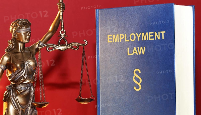 Symbolic image: Reference book Employment law (labour law) and a Justitia