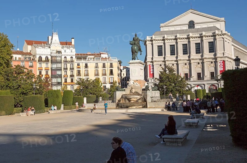 Opera House theatre, Plaza de Oriente equestrian statue King Felipe IV designed by Velazquez, Madrid, Spain, Europe