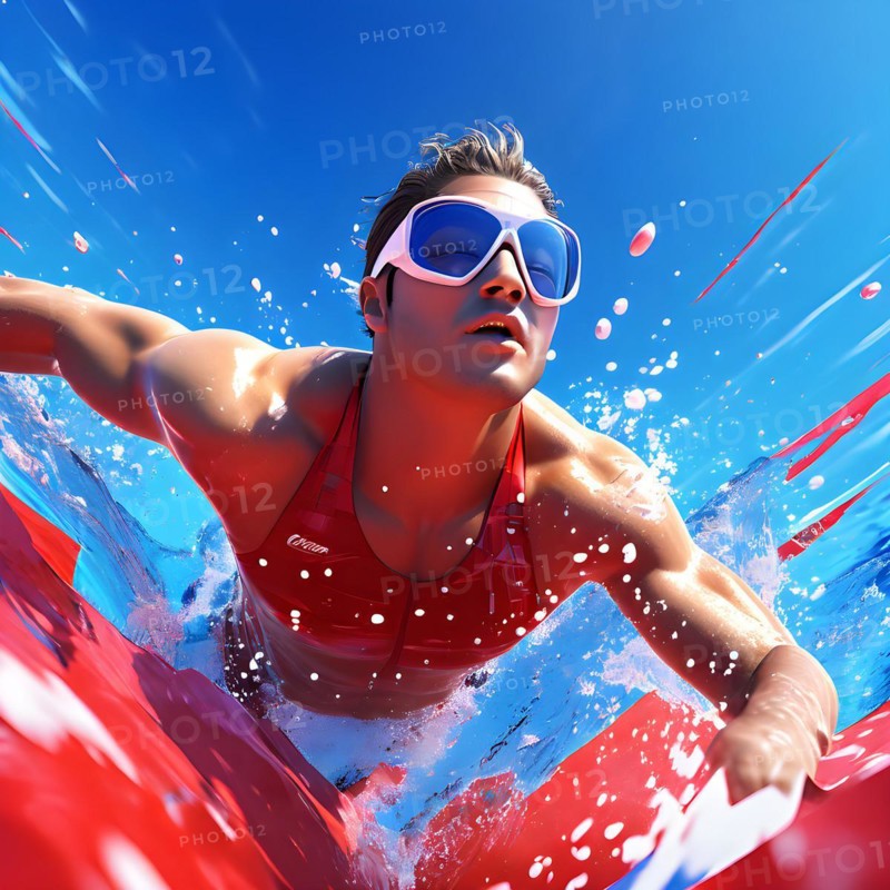 Abstract digital render of an olympic triathlete in swimming morphing into fluid shapes, AI generated, Paris, Paris, Olympic Games