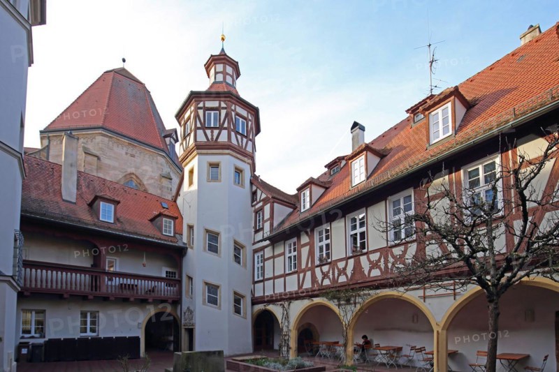 Inner courtyard with tower and arcade of the parish centre of St. Gumbertus Church, Ansbach, Middle Franconia, Franconia, Bavaria, Germany, Europe