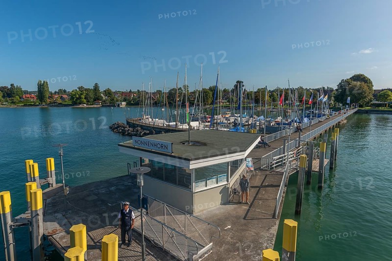 Nonnenhorn on Lake Constance, jetty, marina, townscape, blue sky, Bavaria, Germany, Europe