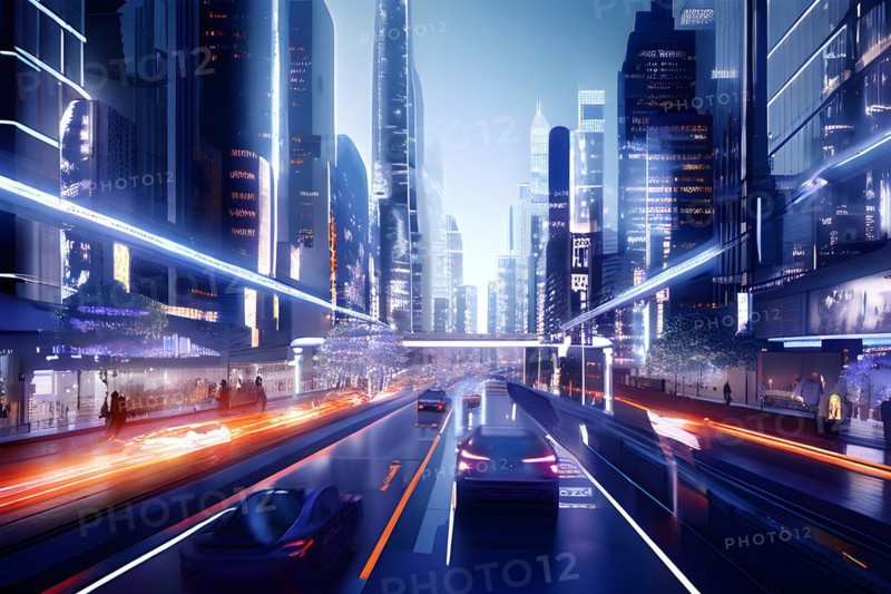 AI generated virtual reality tour highlighting a state of the art futuristic cityscape with interactive holograms