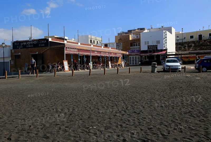 Cafe by black sand beach at Ajuy, Fuerteventura, Canary Islands, Spain, Europe
