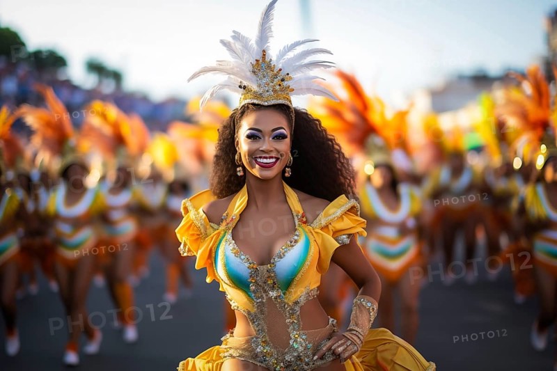 Captivating image capturing the essence of the Rio Carnival, showcasing a dancer adorned in an elaborate, vibrant costume, embodying the spirit and energy of this iconic festival, AI generated