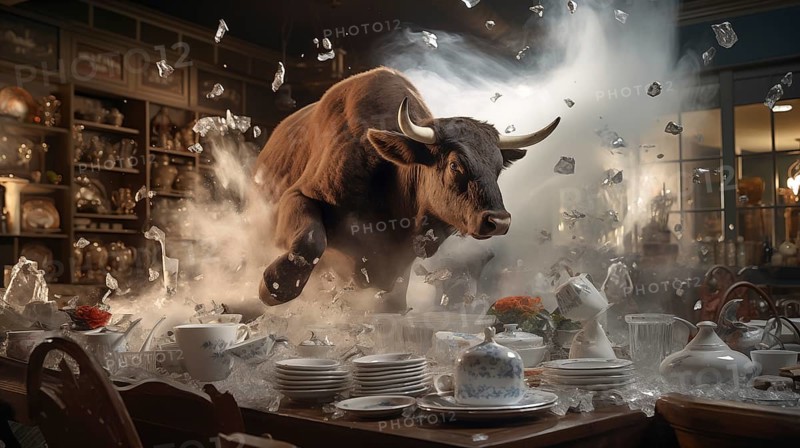 Very large bull with horns running through a China shop filled with glassware. generative AI, AI generated