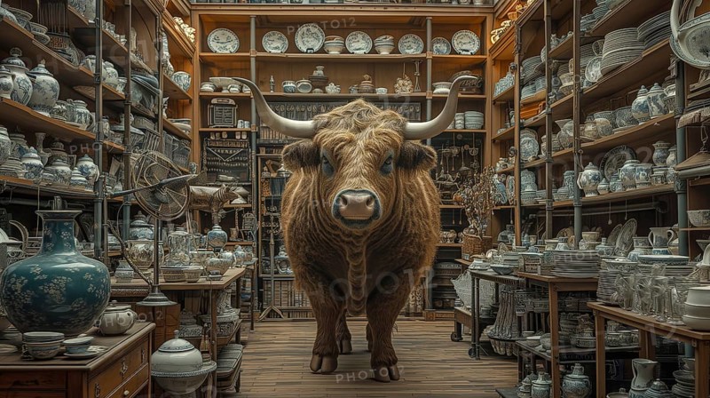 Very large bull with horns in a China shop filled with glassware. generative AI, AI generated