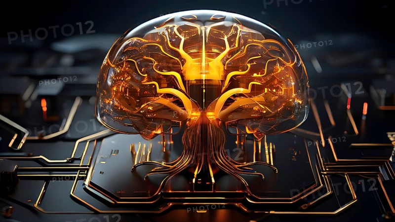 Human brain intricately interlinked with the circuits of a computer board symbolizing artificial intelligence, AI generated