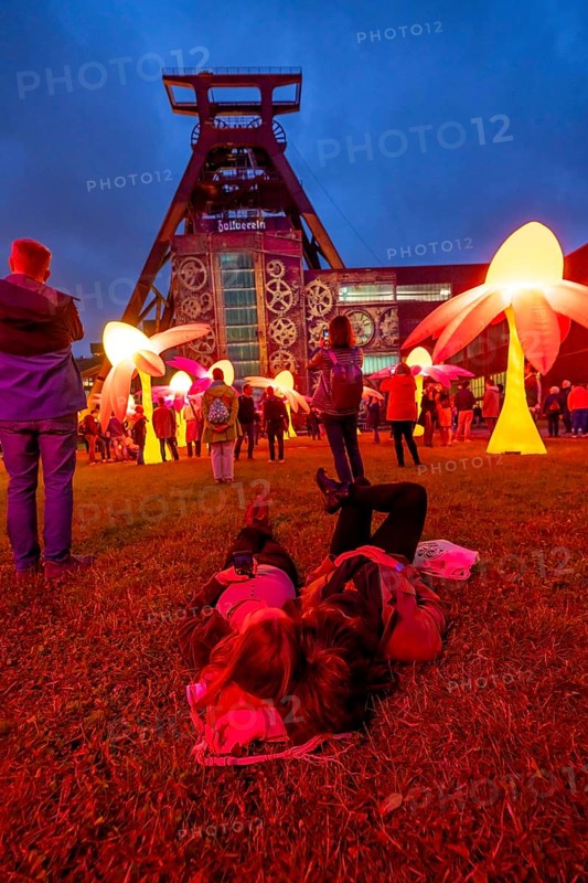Extraschicht, the long night of industrial culture, cultural festival across the Ruhr region, 35 venues in 19 cities, here Illuminating flowers at the Zeche Zollverein in Essen, Doppelbock pithead winding tower shaft 12, North Rhine-Westphalia, Germany, Europe